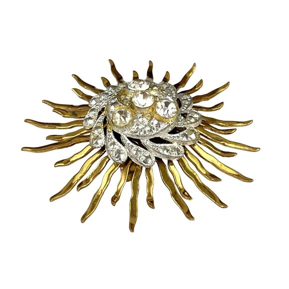 Vintage Gold Tone Sunburst Rhinestone Brooch Pin Retro - Picture 3 of 7